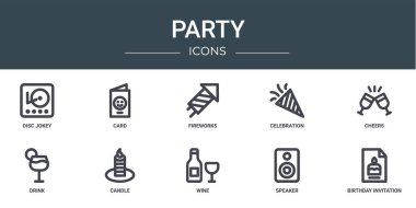 Rapor için disk jokey, kart, havai fişek, kutlama, tezahürat, içki, mum vektör simgeleri, sunum, diyagram, web tasarımı, mobil uygulama gibi 10 ana hatlı web parti simgesi seti