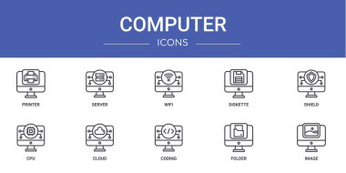 Rapor, sunucu, sunucu, wifi, diskette, kalkan, Cpu, bulut vektör simgeleri, sunum, diyagram, web tasarımı, mobil uygulama gibi 10 ana hatlı bilgisayar simgesi kümesi
