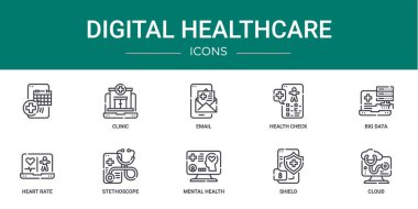 Rapor için, klinik, e-posta, sağlık kontrolü, büyük veri, kalp hızı, steteskop vektör simgeleri, sunum, diyagram, web tasarımı, mobil uygulama gibi 10 ana hatlı dijital sağlık ikonu seti