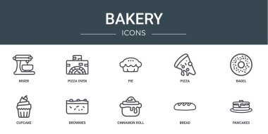 Rapor için 10 ana hatlı web fırını simgesi, karıştırıcı, pizza, pizza, simit, kek, brownie vektör simgesi, sunum, diyagram, web tasarımı, mobil uygulama gibi