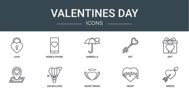 Rapor, sunum, diyagram, web tasarımı, mobil uygulama, cep telefonu, şemsiye, anahtar, hediye, hava balonu vektör simgeleri gibi 10 ana hatlı sevgililer günü simgesi seti