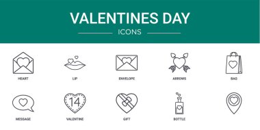 Rapor için kalp, dudak, zarf, ok, çanta, mesaj, sevgililer günü vektör simgeleri, sunum, diyagram, web tasarımı, mobil uygulama gibi 10 ana hatlı sevgililer günü simgesi seti