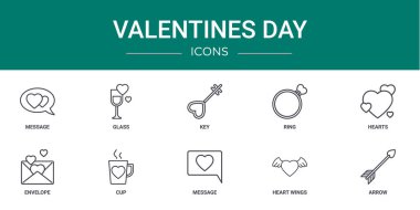 Mesaj, cam, anahtar, yüzük, kalp, zarf, rapor için kupa vektör simgeleri, sunum, diyagram, web tasarımı, mobil uygulama gibi 10 ana hatlı sevgililer günü simgesi kümesi