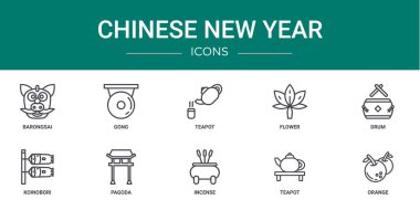 Barongsai, gong, çaydanlık, çiçek, davul, koinobori, rapor, sunum, diyagram, web tasarımı, mobil uygulama gibi 10 ana hatlı yeni yıl ikonu seti