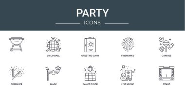 Rapor için 10 ana hatlı web parti simgesi, disko topu, tebrik kartı, havai fişekler, şekerler, maytap, maske vektör simgeleri, sunum, diyagram, web tasarımı, mobil uygulama gibi