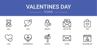Rapor, sunum, diyagram, web tasarımı, mobil uygulama gibi 10 ana hatlı sevgililer günü ikonu seti: bebek, aşk, asma kilit, aşk, sevgililer günü vektör simgeleri