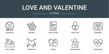 Sihirli top, kek, aşk mektupları, kalp kilidi, evlilik, aşk mektupları, rapor için randevu uygulaması vektör simgeleri, sunum, diyagram, web tasarımı gibi 10 ana hatlı web aşk ve sevgililer günü simgesi seti,