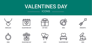 Kolye, sevgililer günü, hediye kutusu, yüzük, romantik, yüzük, sevgililer günü vektör simgeleri, rapor, sunum, diyagram, web tasarımı, mobil uygulama gibi 10 ana hatlı internet sevgililer günü simgesi seti