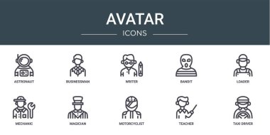 Rapor için astronot, işadamı, yazar, haydut, yükleyici, tamirci, sihirbaz vektör simgeleri, sunum, diyagram, web tasarımı, mobil uygulama gibi 10 ana karakter simgesi
