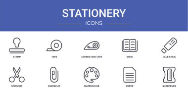 Rapor için pul, bant, düzeltme bandı, kitap, yapıştırıcı çubuğu, makas, ataç vektör simgeleri, sunum, diyagram, web tasarımı, mobil uygulama gibi 10 ana hatlı web kırtasiyesi simgesi seti
