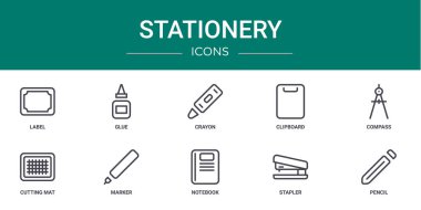 Rapor, sunum, diyagram, web tasarımı, mobil uygulama gibi 10 ana hatlı web kırtasiye simgesi seti, etiket, yapıştırıcı, pastel boya, pano, pusula, mata, işaretleyici vektör simgeleri