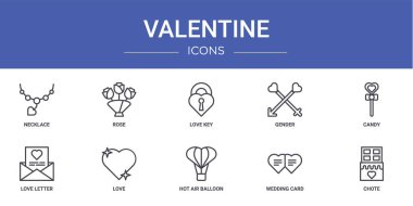 Kolye, gül, aşk anahtarı, cinsiyet, şeker, aşk mektubu, rapor için aşk vektör simgeleri, sunum, diyagram, web tasarımı, mobil uygulama gibi 10 ana hatlı sevgililer günü simgesi