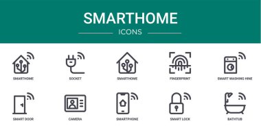 Smarthome, soket, smarthome, parmak izi, akıllı çamaşır jeni, akıllı kapı, rapor için kamera vektör simgeleri, sunum, diyagram, web tasarımı, mobil uygulama gibi 10 ana hatlı web akıllı ikonu seti