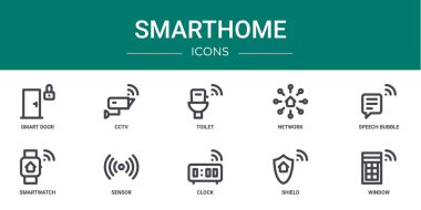 Akıllı kapı, ccTV, tuvalet, ağ, konuşma balonu, akıllı sepet, rapor için sensör vektör simgeleri, sunum, diyagram, web tasarımı, mobil uygulama gibi 10 ana hatlı akıllı simge seti