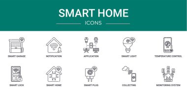 Akıllı garaj, bildirim, uygulama, akıllı ışık, sıcaklık kontrolü, kilit, rapor için ev vektör simgeleri, sunum, diyagram, web tasarımı gibi 10 ana hatlı akıllı ev simgesi seti,