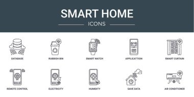 Veritabanı, çöp kutusu, akıllı saat, uygulama, akıllı perde, uzaktan kumanda, rapor için elektrik vektör simgeleri, sunum, diyagram, web gibi 10 ana hatlı akıllı ev simgesi kümesi