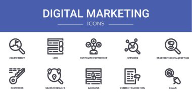 Rekabetçi, bağlantı, müşteri deneyimi, ağ, arama motoru pazarlaması, anahtar sözcükler, rapor için arama sonuç vektör simgeleri, sunum gibi 10 ana hatlı web dijital pazarlama simgesi seti,