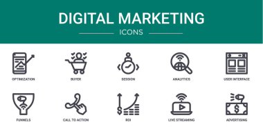 optimizasyon, alıcı, oturum, analitik, kullanıcı arayüzü, huniler gibi 10 ana hatlı web dijital pazarlama simgesi seti, rapor, sunum, diyagram, web tasarımı için eylem vektör simgelerine çağrı,