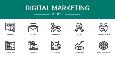 Sorular, listeleme, kanallar, skor, dönüştürme oranı, açıklama, hashtag vektör simgeleri, rapor, sunum, diyagram, web tasarımı, mobil uygulama gibi 10 ana hatlı web pazarlama simgesi seti