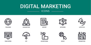 İzleme, edinme, rapor, ağ, yaşam döngüsü, sayfa hızı, rapor için kpi vektör simgeleri, sunum, diyagram, web tasarımı, mobil uygulama gibi 10 ana hatlı dijital pazarlama simgesi seti