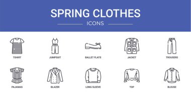 Tişört, tulum, bale daireleri, ceket, pantolon, pijama, rapor için blazer vektör simgeleri, sunum, diyagram, web tasarımı, mobil uygulama gibi 10 ana hatlı web bahar ikonu seti