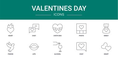 Rapor, sunum, diyagram, web tasarımı, mobil uygulama gibi 10 ana hatlı internet sevgililer günü ikonu seti, kalp, sohbet, chote box, fotoğraf, tatlı, güvercin, dudak vektör simgeleri