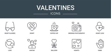 Kalp gözlüğü, kalp, kahve fincanı, düğün fotoğrafçılığı, kalp kilidi, aşk, rapor için avatar vektör simgeleri, sunum, diyagram, web tasarımı, mobil uygulama gibi 10 ana hatlı sevgililer günü simgesi seti