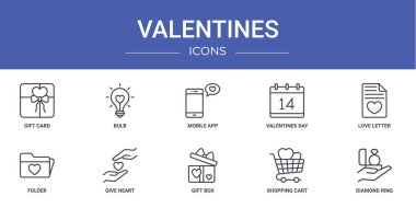 Hediye kartı, ampul, mobil uygulama, sevgililer günü, aşk mektubu, dizin, rapor, sunum, diyagram, web tasarımı, mobil uygulama gibi 10 ana hatlı web sevgililer günü ikonu seti