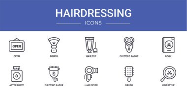 Açıklık, fırça, saç boyası, elektrikli tıraş makinesi, kitap, tıraş losyonu, rapor için elektrik jileti vektör simgeleri, sunum, diyagram, web tasarımı, mobil uygulama gibi 10 ana hatlı kuaför simgesi seti