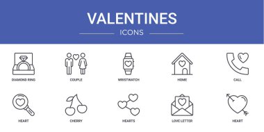 Rapor, sunum, diyagram, web tasarımı, mobil uygulama gibi 10 ana hatlı sevgililer günü simgesi, elmas yüzük, çift, kol saati, ev, çağrı, kalp, kiraz vektörü simgeleri