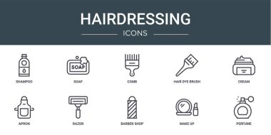Rapor için şampuan, sabun, tarak, saç boyası fırçası, krem, önlük, jilet vektör simgeleri, sunum, diyagram, web tasarımı, mobil uygulama gibi 10 ana hatlı kuaför simgesi seti