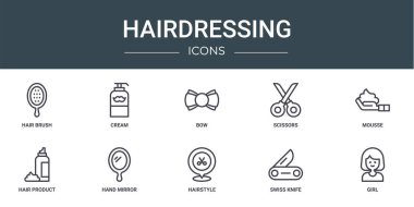 Saç fırçası, krem, yay, makas, mus, saç ürünü, rapor için el aynası vektör simgeleri, sunum, diyagram, web tasarımı, mobil uygulama gibi 10 ana hatlı kuaför ikonu seti