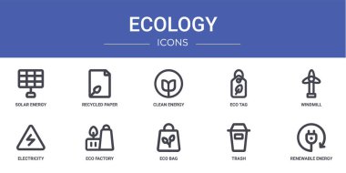 Güneş enerjisi, geri dönüştürülmüş kağıt, temiz enerji, eko etiketi, yel değirmeni, elektrik, rapor, sunum, diyagram, web tasarımı, mobil tasarımı gibi 10 ana hatlı web ekoloji ikonu seti