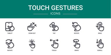 Rapor, sunum, diyagram, web tasarımı, mobil uygulama gibi 10 ana hatlı web dokunmatik simge seti, tablet, yakınlaştır, büyüt, döndür, sürükle, döndür, tıkla vektör simgeleri