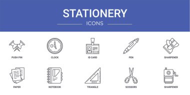 Rapor için 10 ana hatlı web sayfası simgesi, pin, saat, kimlik kartı, kalem, keskinleştirici, kağıt, defter vektör simgesi, sunum, diyagram, web tasarımı, mobil uygulama gibi