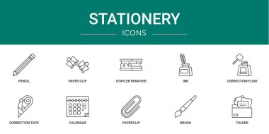 Kalem, ataç, zımba çıkarıcı, mürekkep, düzeltme sıvısı, düzeltme bandı, rapor, sunum, diyagram, web tasarımı gibi 10 ana hatlı web kırtasiye simgesi seti,