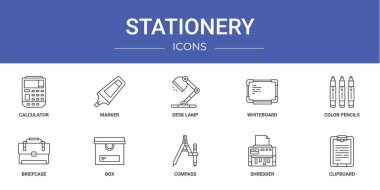 Hesap makinesi, kalem, masa lambası, beyaz tahta, renkli kalemler, evrak çantası, rapor için kutu vektör simgeleri, sunum, diyagram, web tasarımı, mobil uygulama gibi 10 ana hatlı web kırtasiyesi simgesi seti