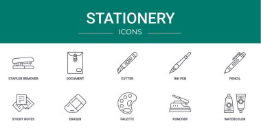 Rapor, sunum, diyagram, web tasarımı, mobil uygulama gibi 10 ana hatlı web kırtasiye simgesi seti, zımba çıkarıcı, belge, kesici, mürekkep kalemi, yapışkan notlar, silgi vektör simgeleri
