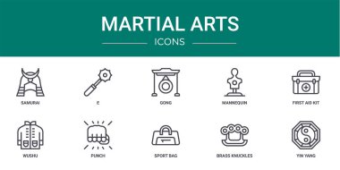 Samuray, e, gong, manken, ilk yardım kiti, wushu, rapor, sunum, diyagram, web tasarımı, mobil uygulama gibi 10 ana hatlı web dövüş sanatları ikonu seti