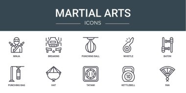 Ninja, break, yumruk topu, ıslık, cop, kum torbası, rapor için şapka vektör simgeleri, sunum, diyagram, web tasarımı, mobil uygulama gibi 10 ana hatlı web dövüş sanatları ikonu seti