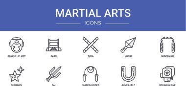 Boks kaskı, bar, toya, kunai, nunchaku, shuriken, sai vektör simgeleri gibi 10 ana hatlı web dövüş sanatları ikonu sunumu, diyagramı, web tasarımı, mobil uygulama