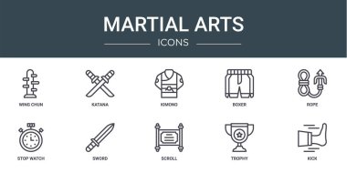 Wing Chun, Katana, kimono, boksör, halat, stop watch, haber için kılıç vektör simgeleri, sunum, diyagram, web tasarımı, mobil uygulama gibi 10 ana hatlı web dövüş sanatları ikonu seti
