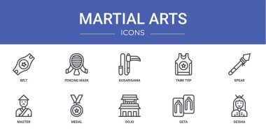 Kemer, eskrim maskesi, kusarigama, kolsuz bluz, mızrak, usta, rapor için madalya vektör simgeleri, sunum, diyagram, web tasarımı, mobil uygulama gibi 10 ana hatlı web dövüş sanatları ikonu seti