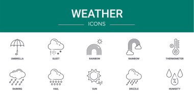 Rapor, sunum, diyagram, web tasarımı, mobil uygulama gibi 10 ana hatlı web hava durumu ikonu seti, şemsiye, karla, gökkuşağı, gökkuşağı, termometre, yağmur, dolu vektör simgeleri