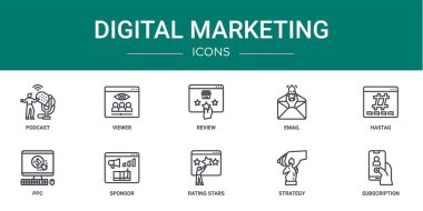 Podcast, izleyici, gözden geçirme, eposta, hastag, ppc, rapor için sponsor vektör simgeleri, sunum, diyagram, web tasarımı, mobil uygulama gibi 10 ana hatlı dijital pazarlama simgesi seti