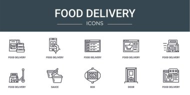 Rapor, sunum, diyagram, web tasarımı, mobil uygulama gibi 10 ana hatlı yemek dağıtım simgesi seti