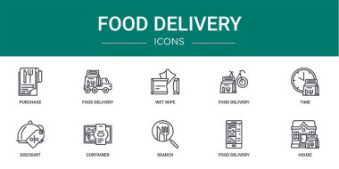 Rapor için 10 ana hatlı web servis ikonu satın alma, yemek teslimatı, ıslak mendil, yemek teslimatı, zaman, indirim, taşıyıcı vektör simgesi, sunum, diyagram, web tasarımı, mobil uygulama gibi