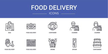 Poşet, yemek teslimatı, konteyner, kurye, kurye, yemek teslimatı, rapor için vektör simgeleri, sunum, diyagram, web tasarımı, mobil uygulama gibi 10 ana hatlı yemek dağıtım simgesi seti