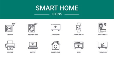 Rapor, sunum, diyagram, web tasarımı, mobil uygulama gibi 10 ana hatlı akıllı ev simgesi seti, çamaşır makinesi, televizyon, akıllı sepet, kapı kolu, yazıcı, dizüstü bilgisayar vektör simgeleri