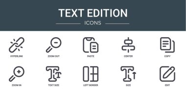 Rapor, sunum, diyagram, web tasarımı, mobil uygulama gibi 10 ana hatlı metin sürüm simgesi seti, yakınlaştır, yapıştır, büyüt, büyüt, büyüt, büyüt, büyüt, büyüt